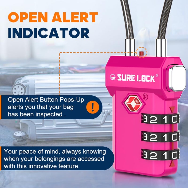 SURE LOCK TSA Approved Cable Luggage Lock â€“ TSA Locks for Luggage with Visual Inspection Indicator, Resettable 3-Digit Combination, Zinc Alloy Body for Suitcases, Backpacks, Gym Lockers(Rose 2 Pack) - Image 4